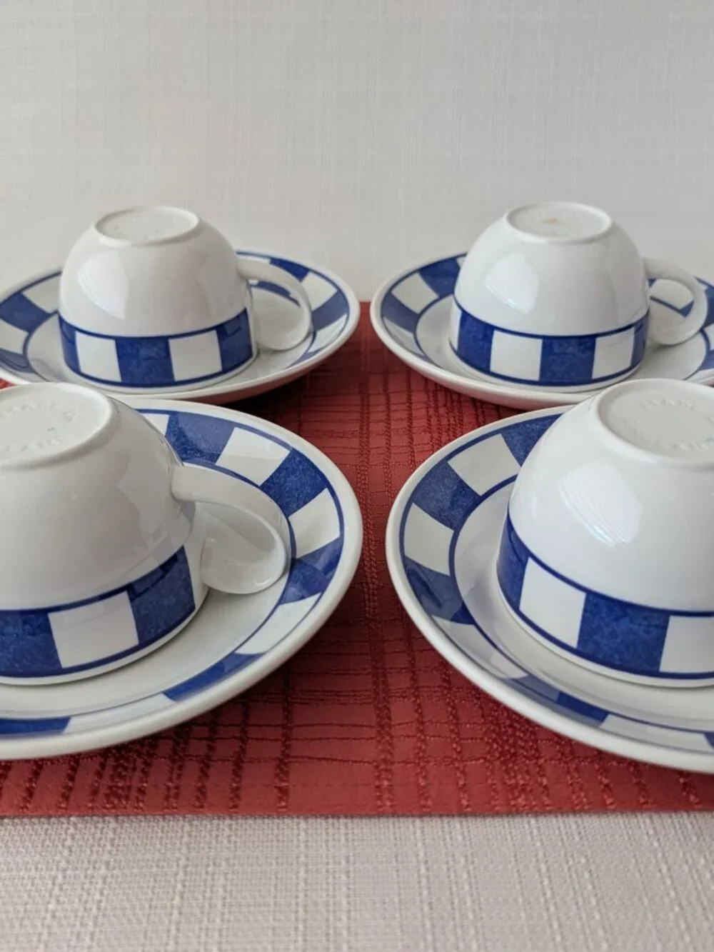 1990s Johnson Brothers Hopscotch Blue 4 Coffee Cups & Matching Saucers